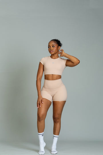 Open cross-back tee (almond)